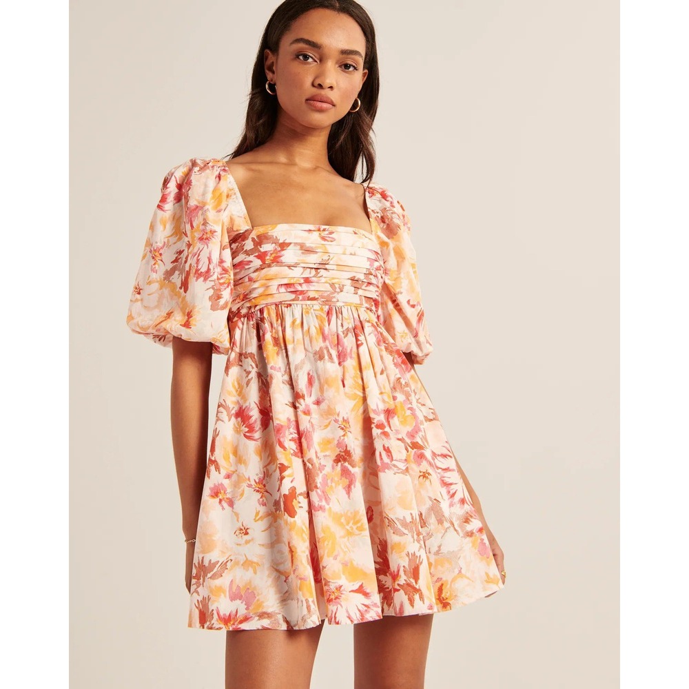 Abercrombie & Fitch Floral Mini Dress Orange Puff Sleeve Fit & Flare NWT Size S